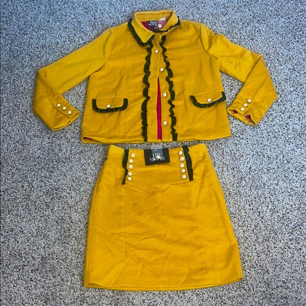 Vintage-Inspired Mustard Yellow Skirt Set with Decorative Buttons